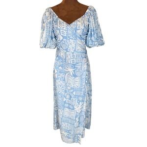 Shore Wrap Dress Women's M Blue White Puff Sleeve Tea Length Tropical NWT